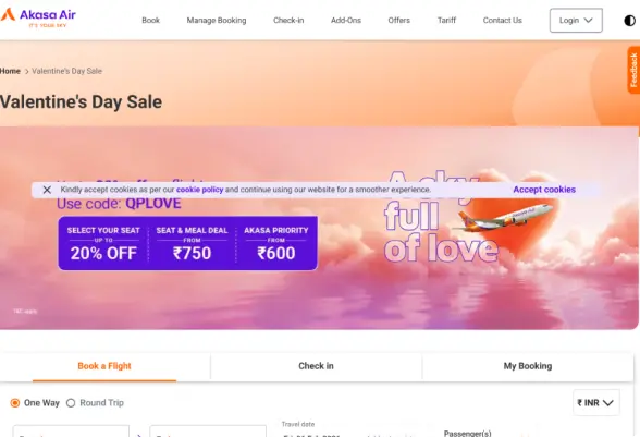 Akasa Air flight booking website interface